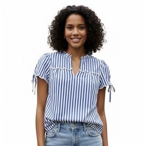 Talbots Womens Blue White Stripe Scallop Trim V‎ Neck Tie Sleeve Blouse XS